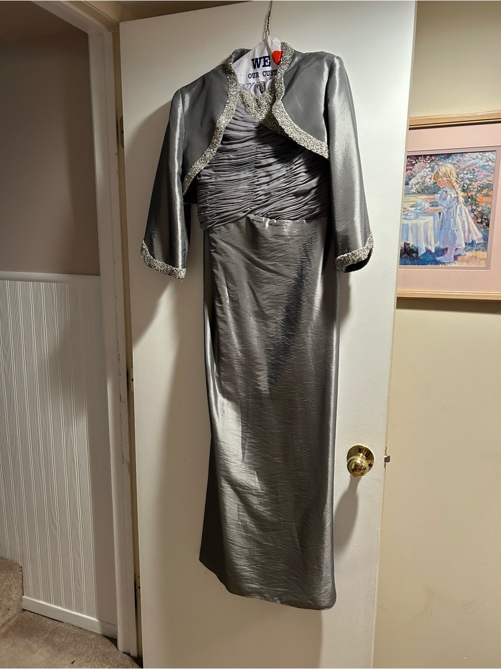 Elegant Silver Evening Dress with Beaded Bolero